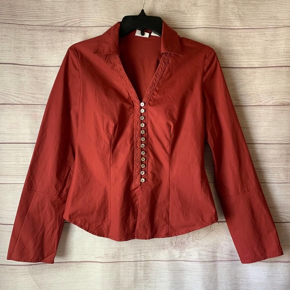 Blushe Impressions Tops - Blushe Impressions Rose Red Button Up Blouse Lace Detail V-Neck Size 4